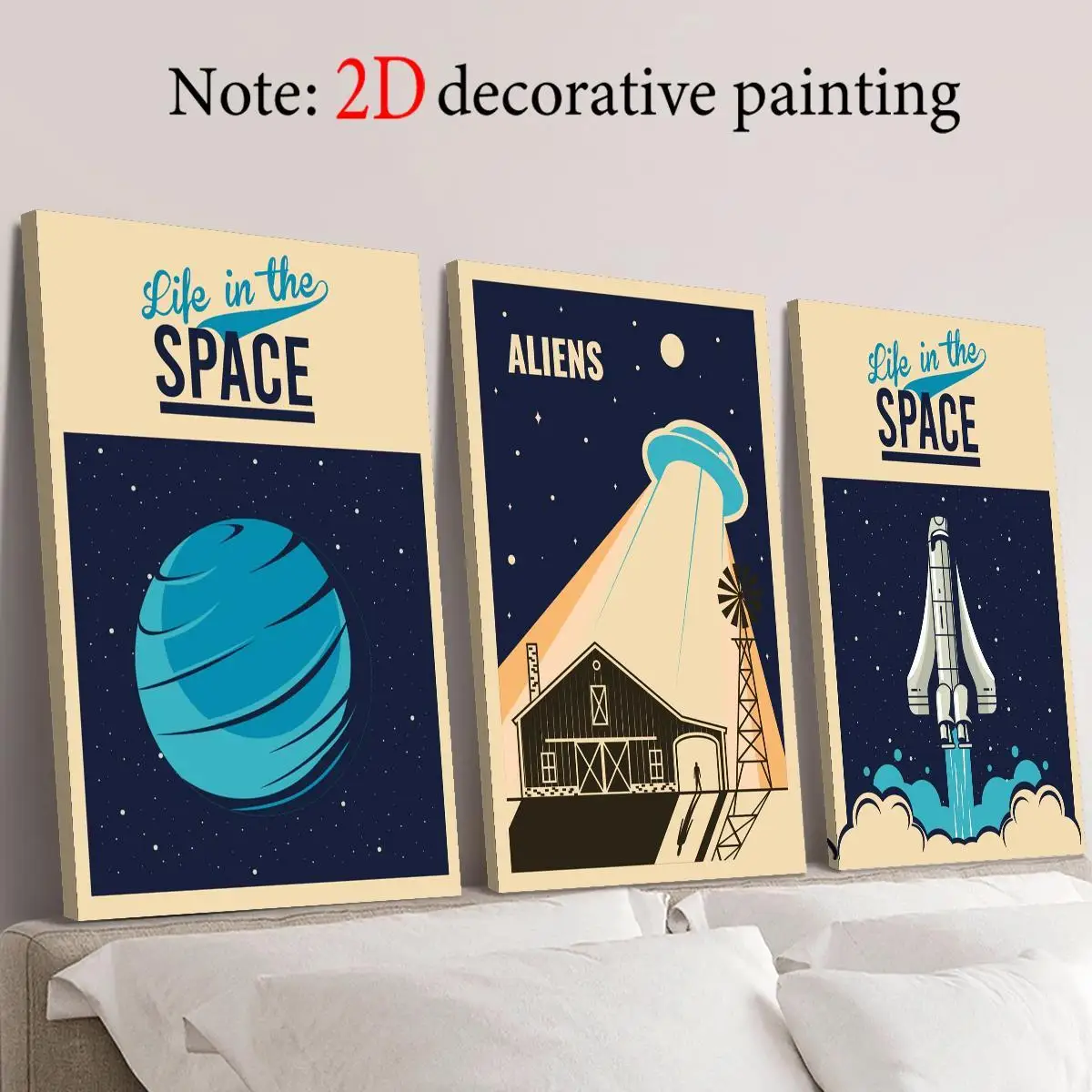 Plano 2D, arte impreso en lienzo con marco de madera de 3 piezas, arte de ilustración del espacio exterior, dibujo de nave espacial y cohete de planetas, si espacial vintage
