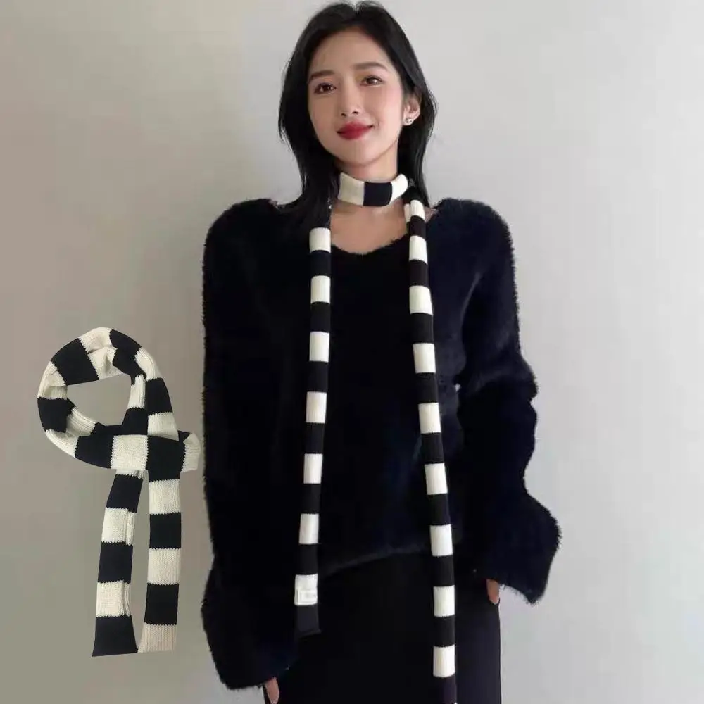 Y2k أسود رمادي شريط الأوشحة الطويلة النساء Harajuku القطن والأوشحة أبيض وأسود مخطط وشاح رقيقة طويلة الزخرفية منديل