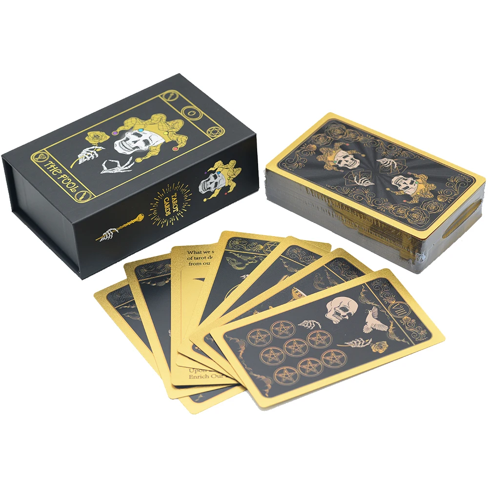 New Mysterious Skull Gold Foil Tarot PVC Desktop Game Color Divination Card Gift Box Set Bronzing Waterproof Deluxe Paper Manual