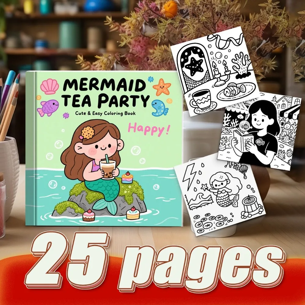 

Ocean Mermaid Afternoon Tea Themed Coloring Book Stress Relief Hand Account DIY Unique Original Patterns Thick Paper