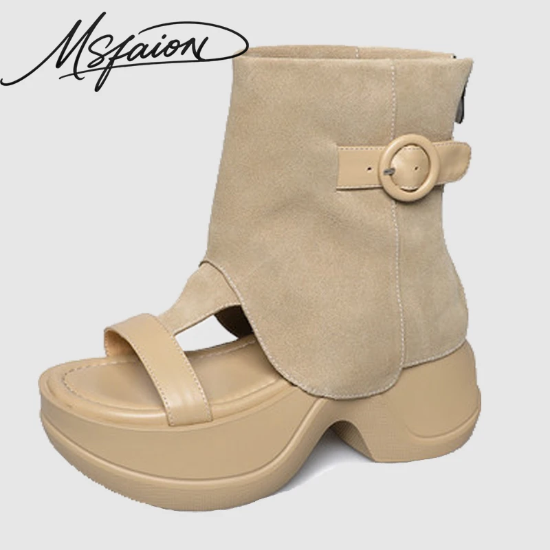 

Women's Ankle Boots 2026 New Summer Thick Heel Sandals Booties Cow Suede Leather Pigskin Lining Platform Thick Shoes 7CM