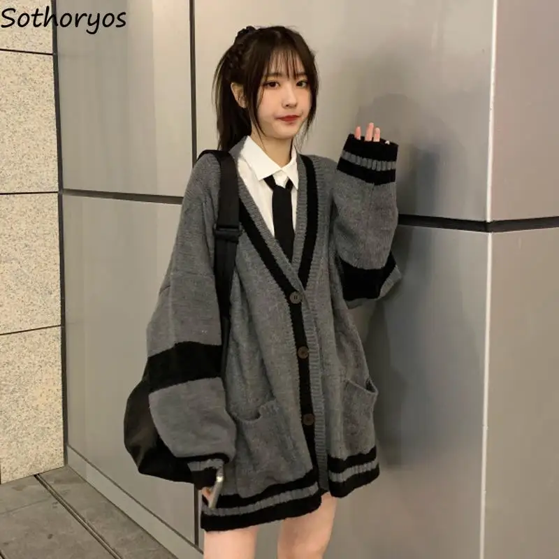 

Women Cardigans Chic Patchwork Autumn Winter Sweater All-match Ins Pockets Design Preppy Style Baggy Leisure Campus Prevalent