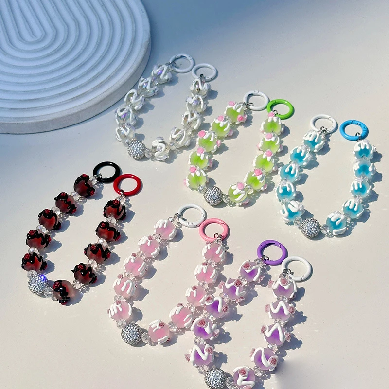 Color Painted Beads Phone Chain Sweet Translucent Color Beads Keychain Pendant Wrist Strap Earphone Case Charm Bag Decor image 2