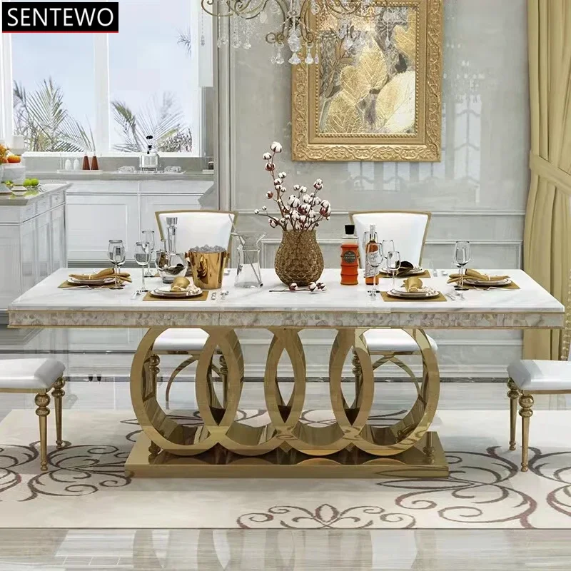 

Modern Luxury Marble Dining Tables and 6-10 Chairs Dinning Room Table Chair Stainless Steel Gold Plating Base Tavoli Da Pranzo