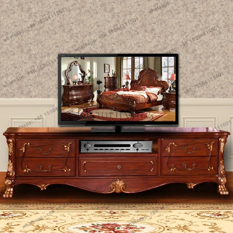 

American log carved TV living room floor cabinet European audio-visual cabinet bedroom storage square whole chest cabinet