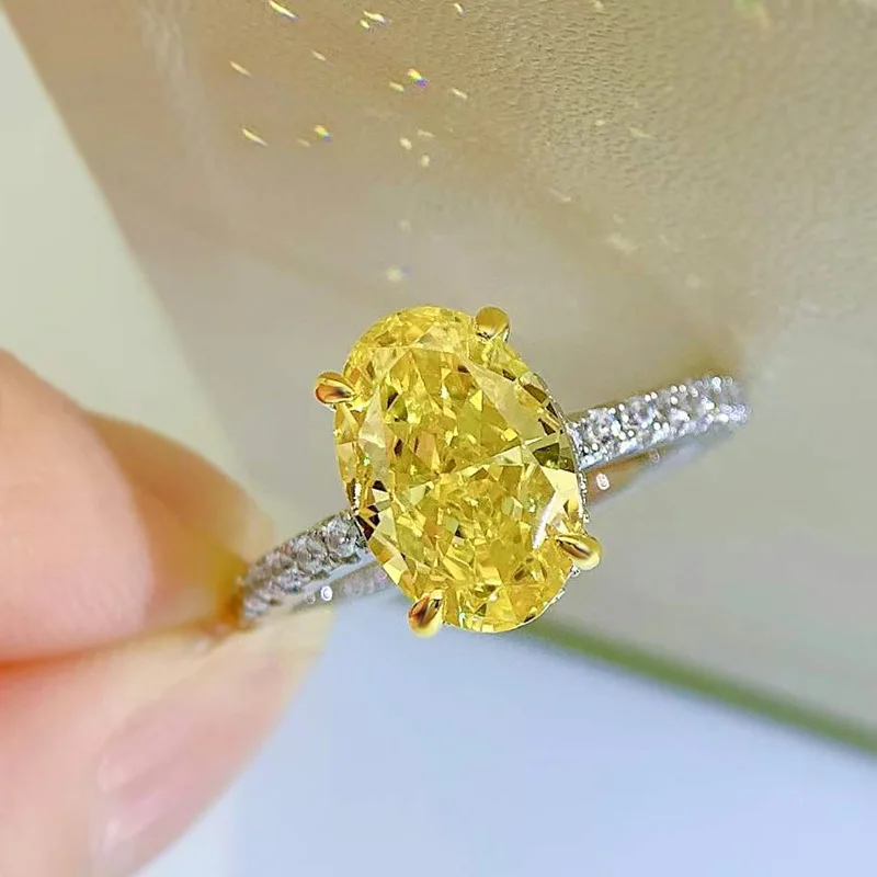 JECIRCON Ring New Product S925 Sterling Silver High Carbon Diamond 8*12mm Oval Radiant Cut Ring for Women Yellow Zircon Jewelry