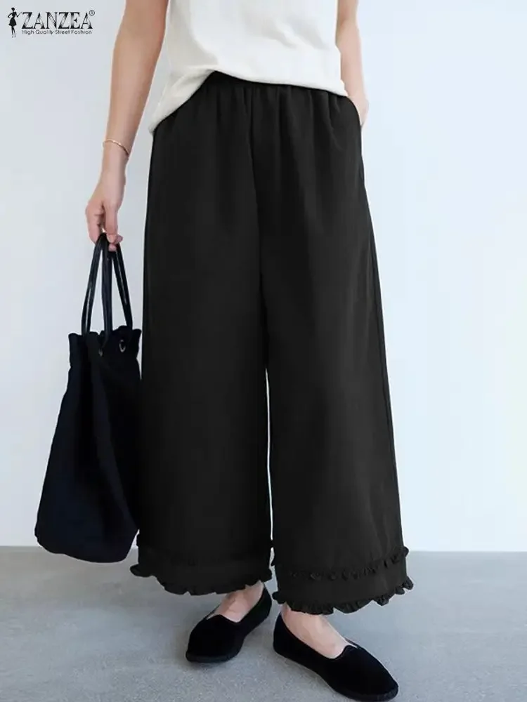 Moda calças compridas zanzea cintura elástica pantalons feminino 2025 outono babados casual sólido calças de perna larga streetwear calças de trabalho