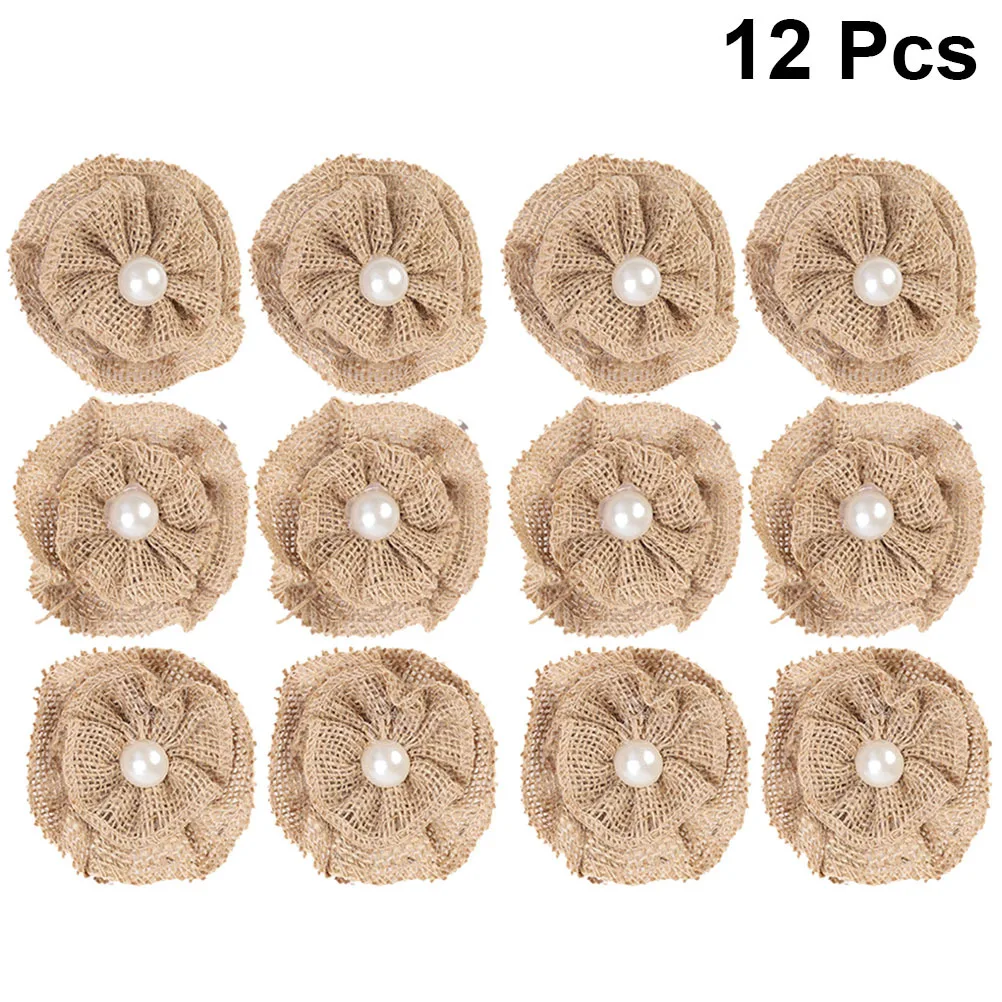 

12pcs /Set Natural Jute Flowers With Pearls Decorative Accessories Diy Craft Wedding Party Decoration Handmade Rough Texture
