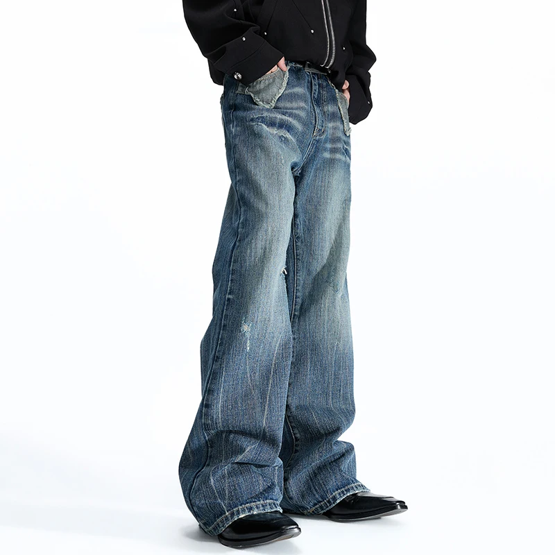 LUZHEN 2026 Broken Hole Patched Niche Design Stripe Washed Wide Leg Jeans Men's Trendy Handsome High Quality Denim Pants JY8688