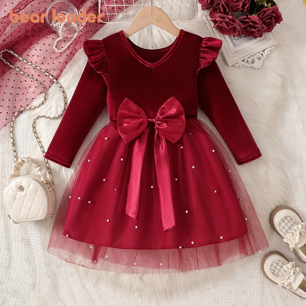 

Bear Leader 2025 New Long Sleeved Girls Dresses Bow Star Glitter Mesh Princess Dress Children's Christmas Performance Costume