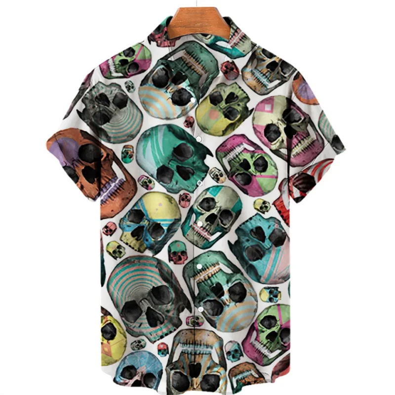 Men's Fashion Streetwear Hawaii 3D Skull Printed Short Sleeve Shirts Men Summer Hip Hop Casual Oversize Clothing For Lapels Tops