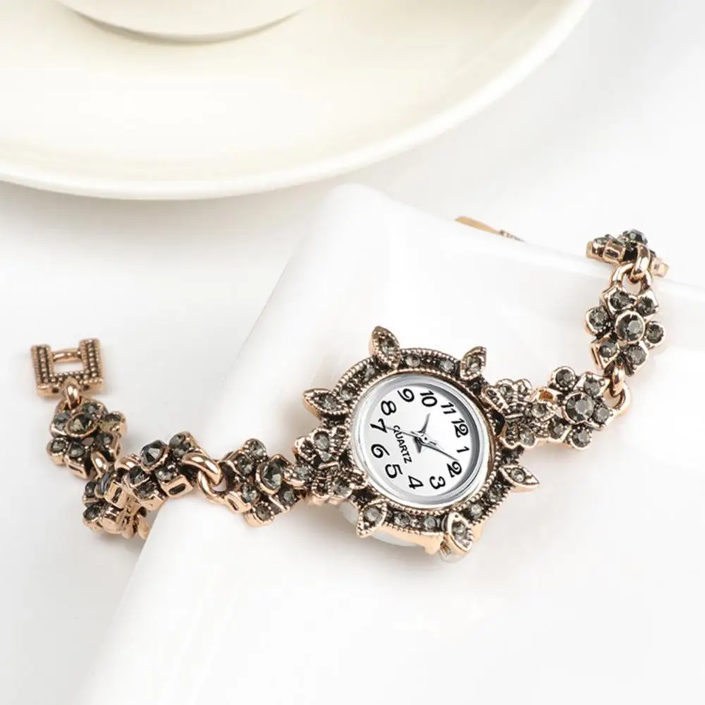 Vintage Women Rhinestone Flower Charm Round Dial Analog Quartz Bracelet Watch