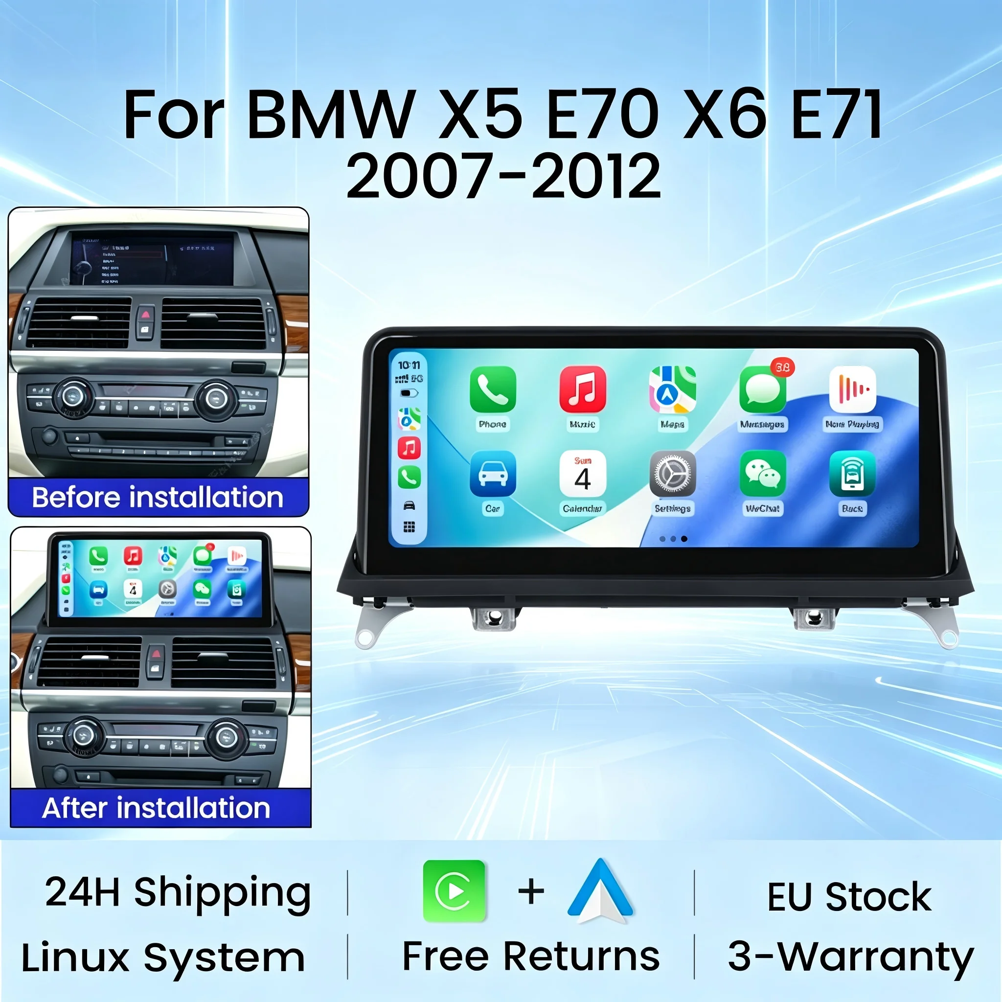 EU-Lagerbestand 10,25'' Linux-System Autoradio Multimedia-Player für BMW X5 E70 X6 E71 2007-2012 Unterstützt Kabelloses Carplay Android Auto WLAN BT GPS-Navigation
