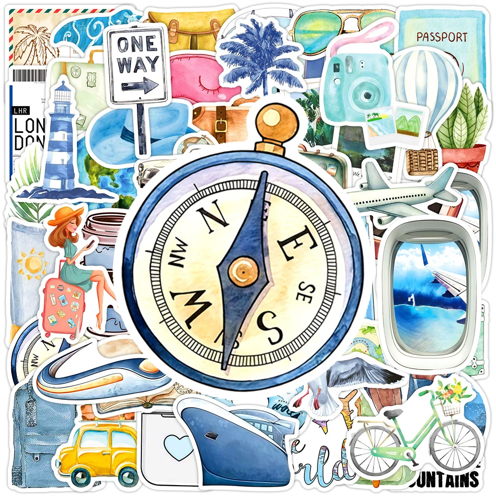 

10/30/50pcs Watercolor Outdoor Travel Life Graffiti Stickers Decals DIY Skateboard Luggage Guitar Laptop Vintage Cartoon Sticker