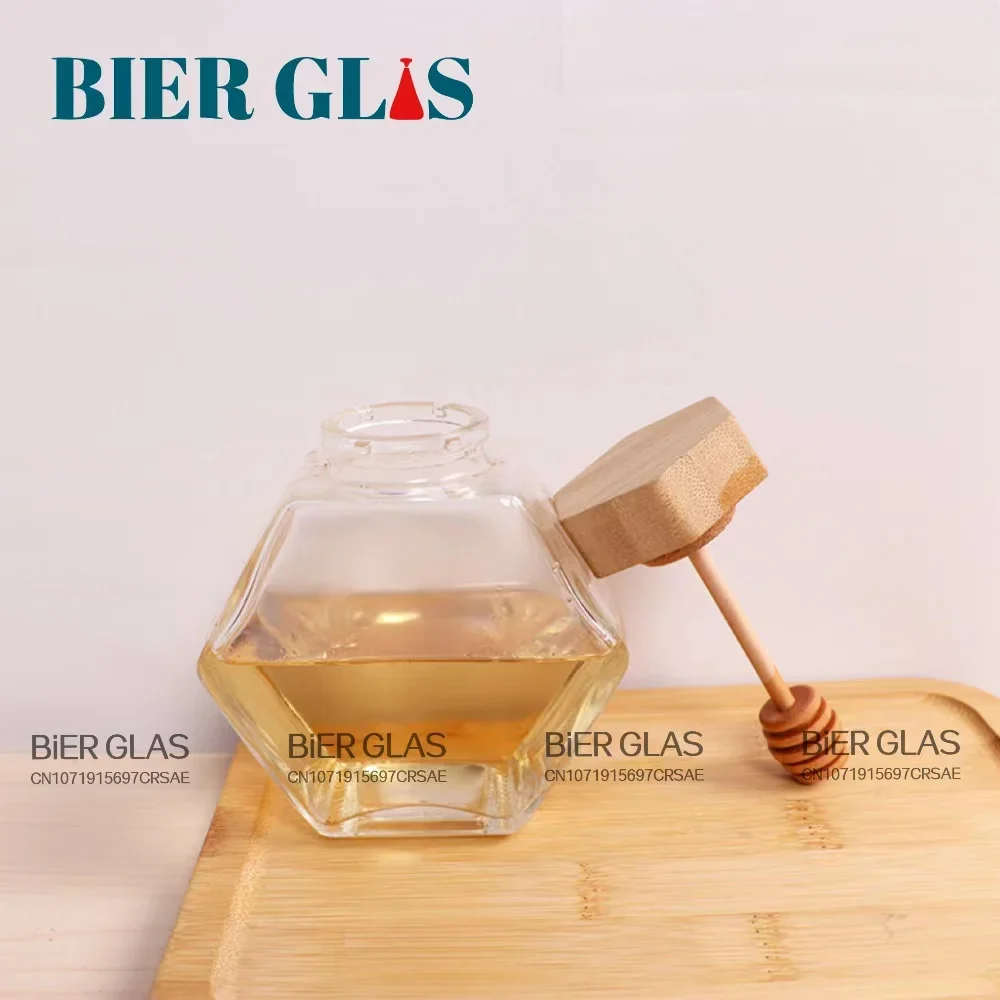 5 - 10pcs Hexagonal Glass Honey Bottle with Dipper Wooden Stirring Sticks Packaging Jars Dispenser Food Storage Container Gift