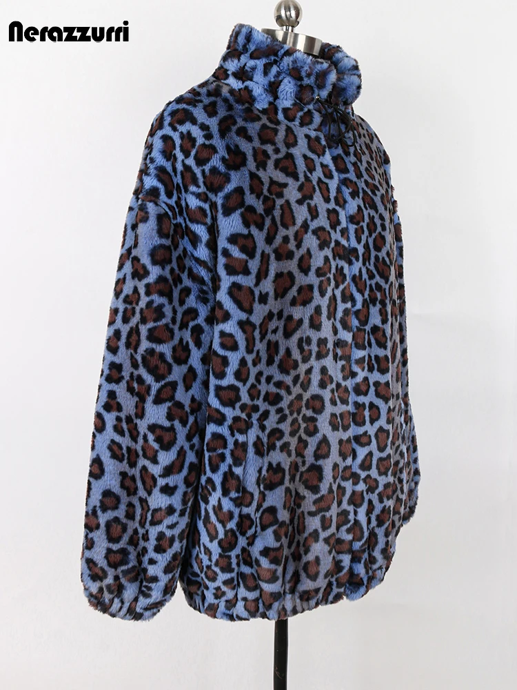 Nerazzurri-abrigo de piel sintética con estampado de leopardo para mujer, chaqueta gruesa y cálida de gran tamaño con cuello alto y cremallera,