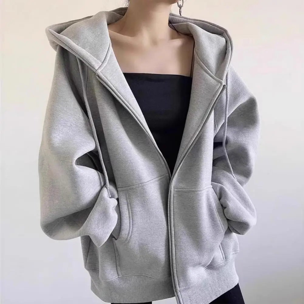 Autumn Spring Women Hooded Drawstring Coat, Long Sleeves, Pockets, Zip-up, Elastic Cuff Hem, Loose Sport Hoodie Casual Jacket