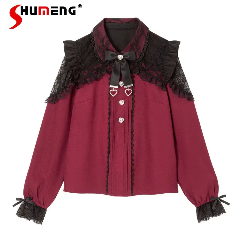 

Japanese Sweet Lace Stitching Shirts for Women 2023 Fall New Cute Wine Red Bow Off-the-Shoulder Long Sleeve Bottoming Shirt Lady