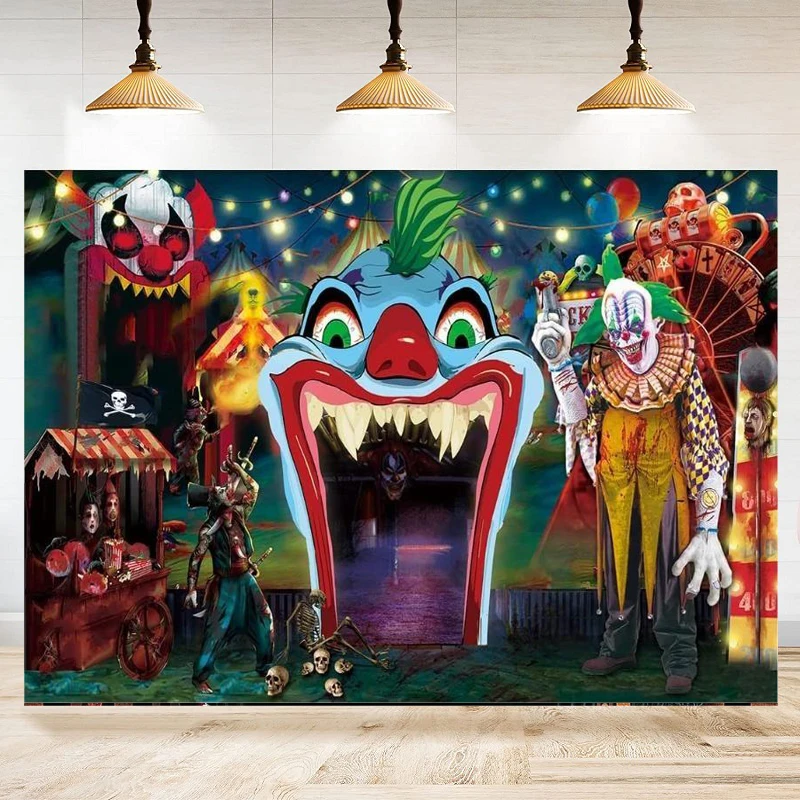 

Photography Backdrop Horror Circus Entrance Halloween Party Decoration Photo Background Poster Giant Evil Clown Carnival Banner