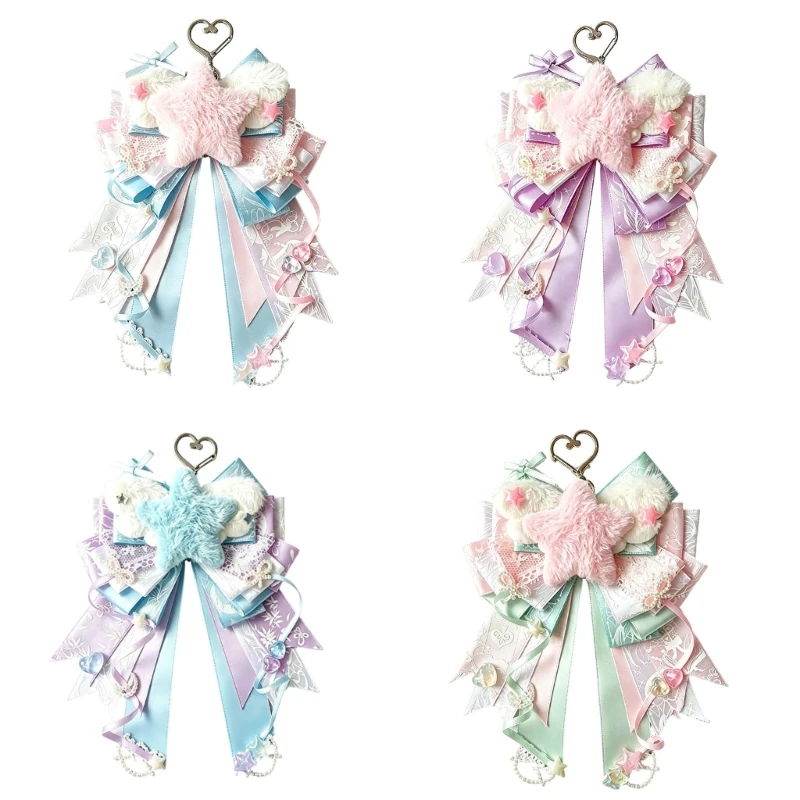 Pastel Hanging Charm for Key and Bags, Bows Keyring Pendant with Plush Star Center and Heart-Shaped Clasp Accent F19E