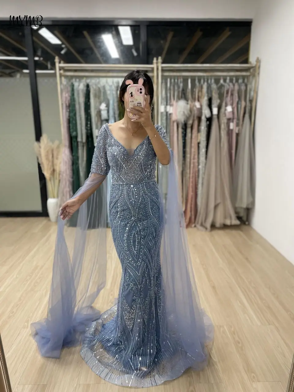 

MYMB Blue Mermaid Dubai Evening Gowns for Women Elegant Party Arabic Gorgerous Beaded Cape Sleeves Mother of The Bride Dress new