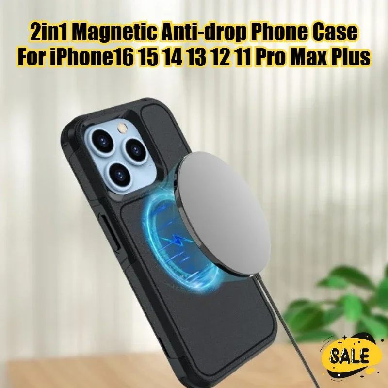 

2in1 Magnetic Case for IPhone16 15 14 13 12 11 Pro Max Plus 13Mini Military Grade Drop Protective Tough Shockproof Case