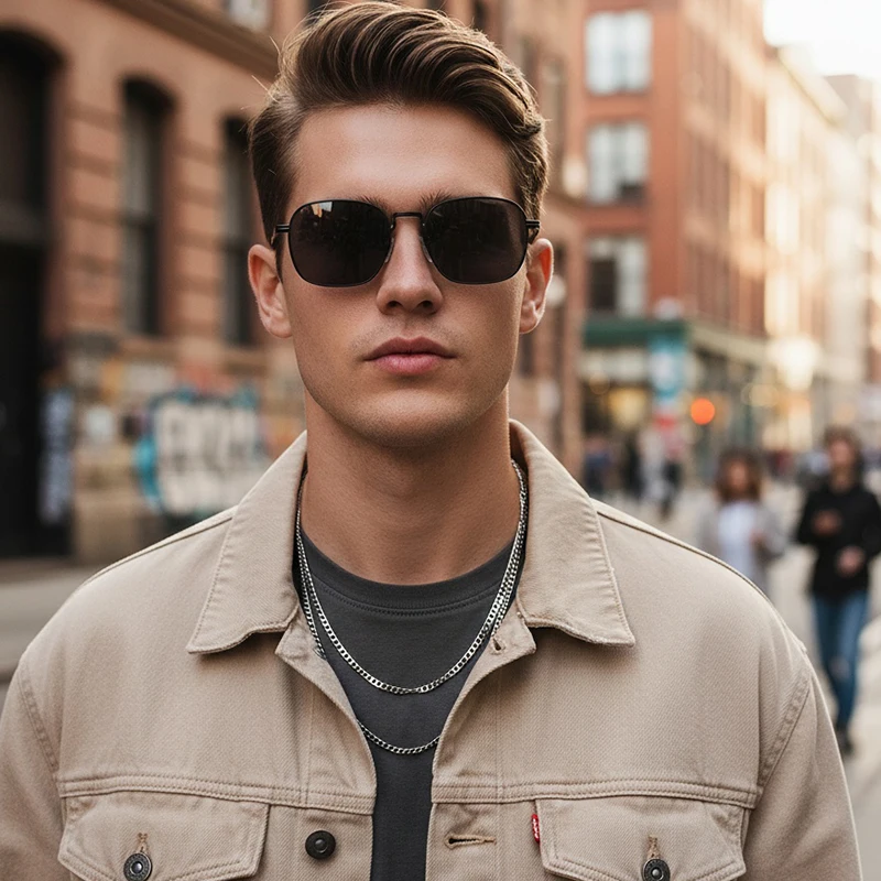 Neue trendige metallische personalisierte vielseitige Herren-Sonnenbrille mit rechteckigen Rahmen im Retro-Stil für Damen 2402 – Detail 3