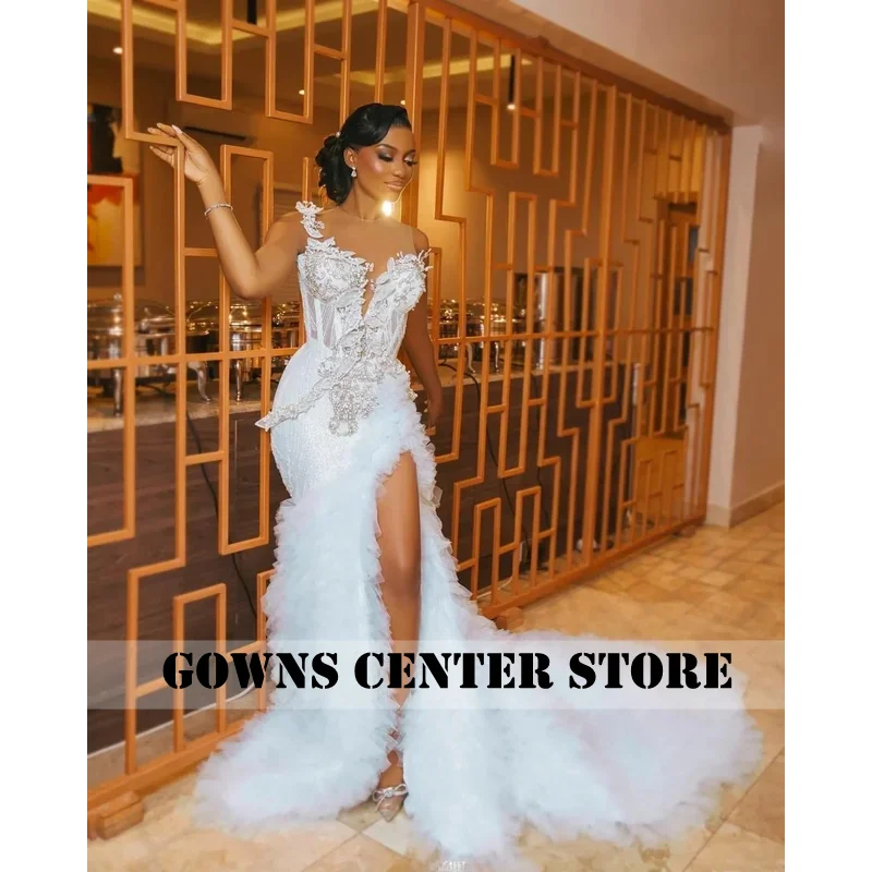 Customized One Shoulder Mermaid Wedding Dress Side Split Lace Decal Elegant Bride Dress Rural Wedding Dress