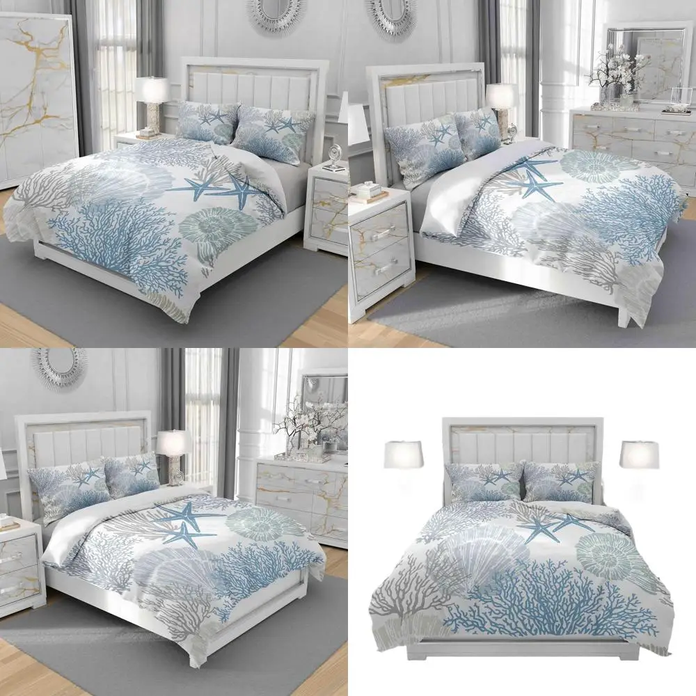 

King Size Blue Nautical Starfish Duvet Cover Set with 2 Shams, Zippered Closure, Microfiber Bedding for Home Decor