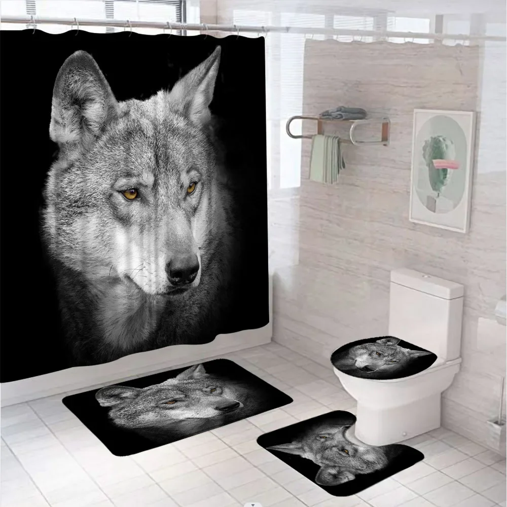 Wild Animal Wolf Shower Curtain Set Non-Slip Carpet Rug Toilet Lid Cover Bath Mats Black White Wildlife Fabric Bathroom Curtains