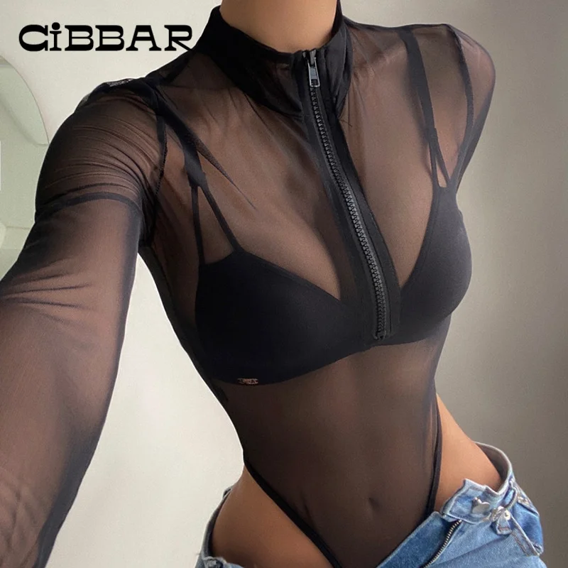 

CIBBAR See Through Black Bodysuit For Women Long Sleeves Zipper Bodycon Mesh Body Suit Clubwear Midnight Transparent Overalls