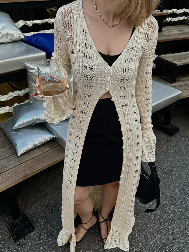 Trendix Deep V Neck Long Cover Up Dress Women Sexy Hollow Elegant Long Cardigan Dresses Autumn Winter Street Casual Knit Dress