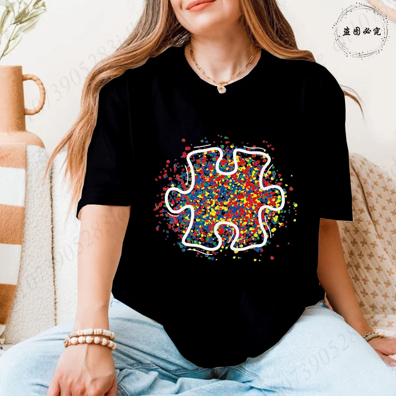 2026 Trendy Women's Autism Awareness T-shirts Creative Colorful Splatter Puzzle Graphic Female Clothing Short Sleeve Casual Tees
