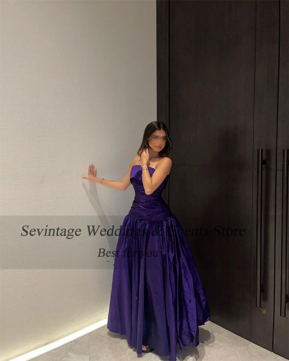 Customized Purple Saudi Arabic Taffeta Evening Dresses Strapless Pleated Formal Women Prom Gowns Special Occasion Dresses 2023