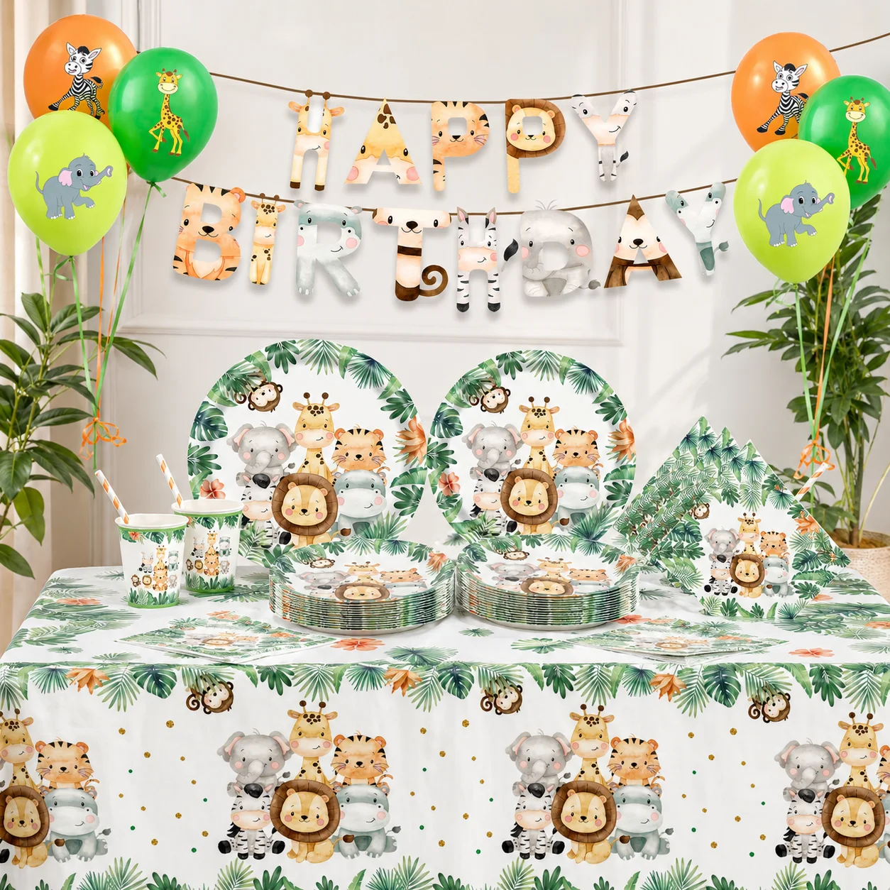Safari Jungle Animal Birthday Party Decorations, Tableware Kit with Banner Plates Cups Tablecloth for Kids Birthday Party