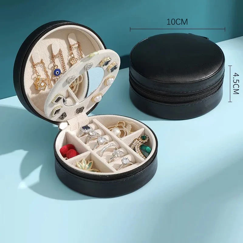 Mini Round Jewelry Box With Mirror Travel Portable Earring Ring Bracelet Storage Box Jewelry Organizer Pu Leather Case Packaging