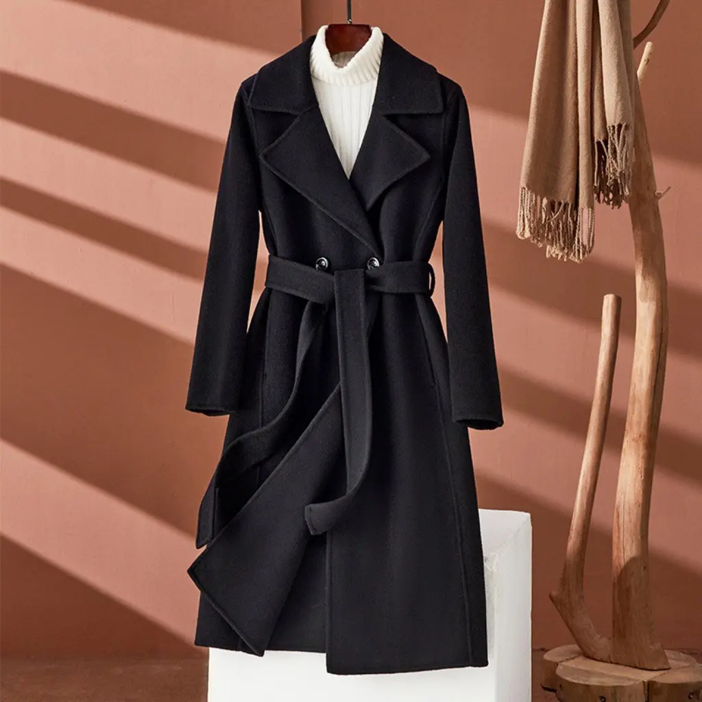 

Women's Double-Sided Cashmere Coat Mid-Length Slim-Fit High-End Hepburn Style Wool Outerwear for Autumn Winter