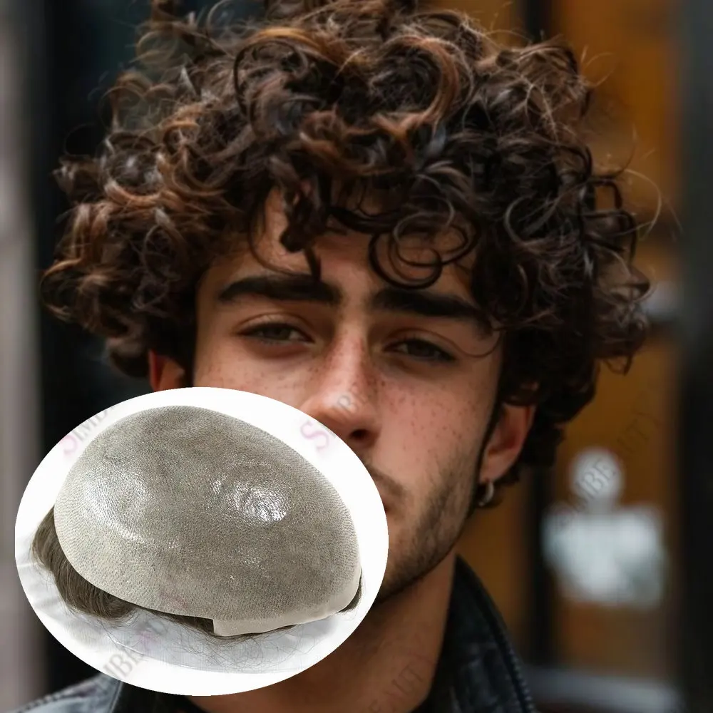 

Мужской парик 24 мм с кудрявыми волосами, незаметная тонкая основа V-looped 0,06 мм, мужской тупе из натуральных волос, система капилярной протезации с естественной линией роста волос