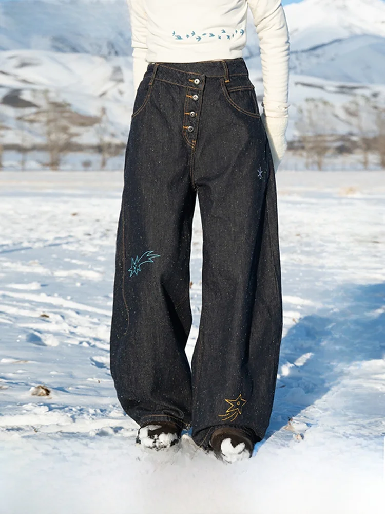 

Ретро японские свободные Cisas с вышивкой в горошек, джинсы с высокой талией, повседневные хлопковые брюки для женщин