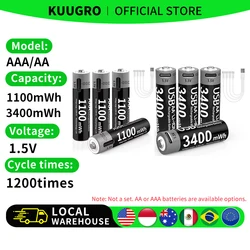 kuugro AA 3400mWh AAA 1100mWh 1.5V Rechargeable Batteries Type‑C Fast Charging For Remote Control Wireless Mouse Electric Toy