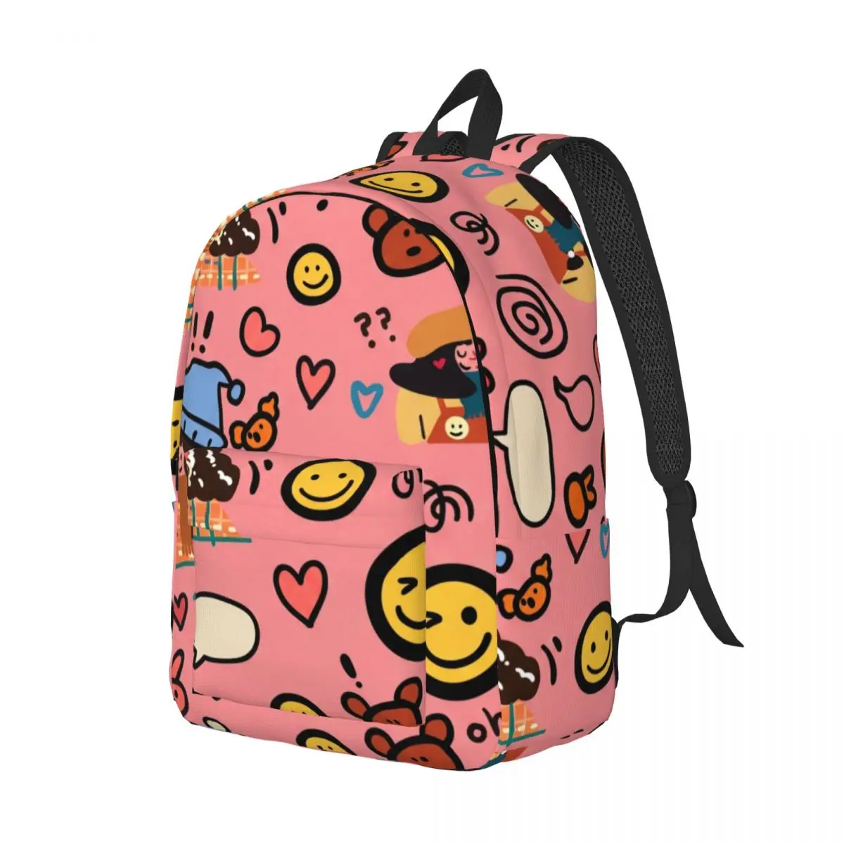 Sweet Student Backpack Allover Cartoon Doodles Whimsical Illustration Pink Multi Color Casual Daypack for School Daily Valentine