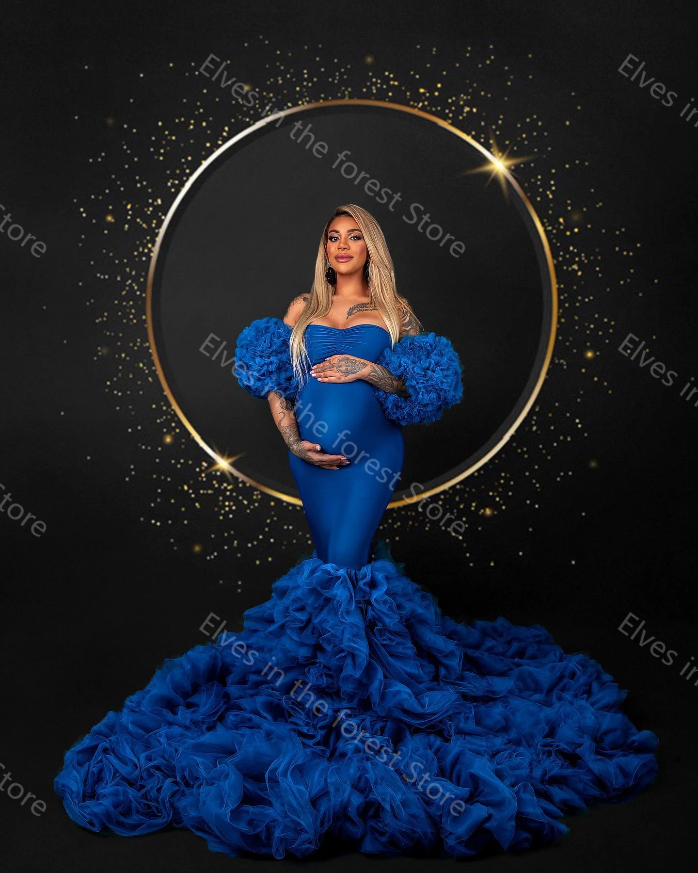 Royal Blue Mermaid Women Evening Dresses Tiered Ruffles Pregnancy Photography Robes Sexy Half Sleeves Sweep Train Maternity Gown