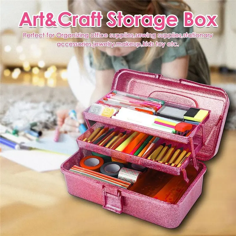 Glitter Pink & Craft Tool Storage Box,3-Layer Stackable Carry Tackle Box Sewing Box Organizer For Art-AT35