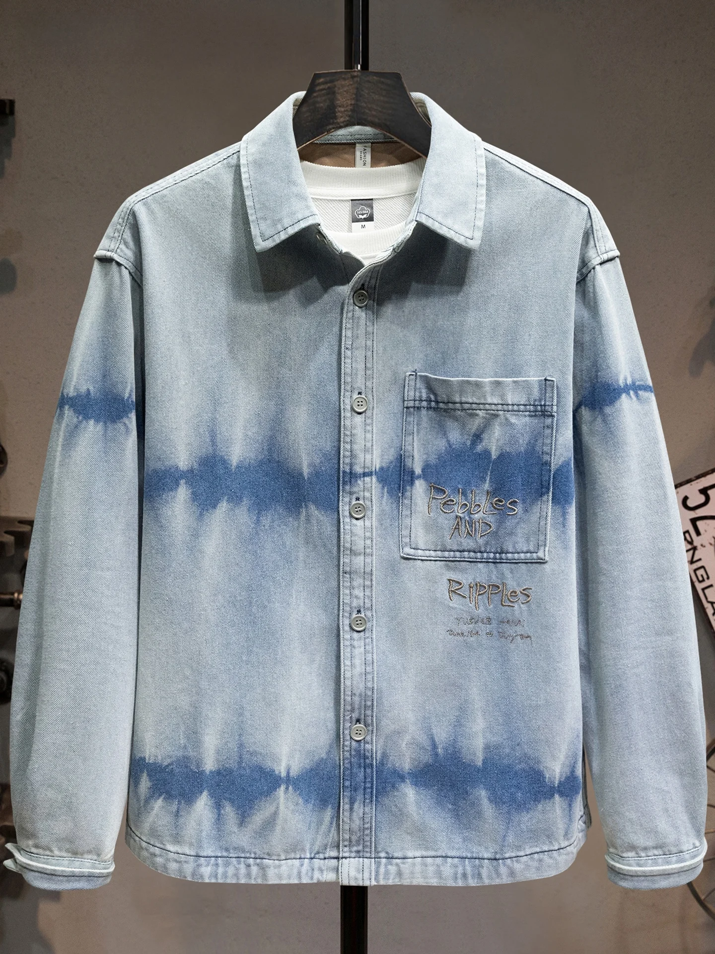 

Классическая американская джинсовая рубашка с вышивкой и эффектом тай-дай, мужская, свободного кроя, модная, плотная, в стиле ретро, с длинным рукавом, на все сезоны