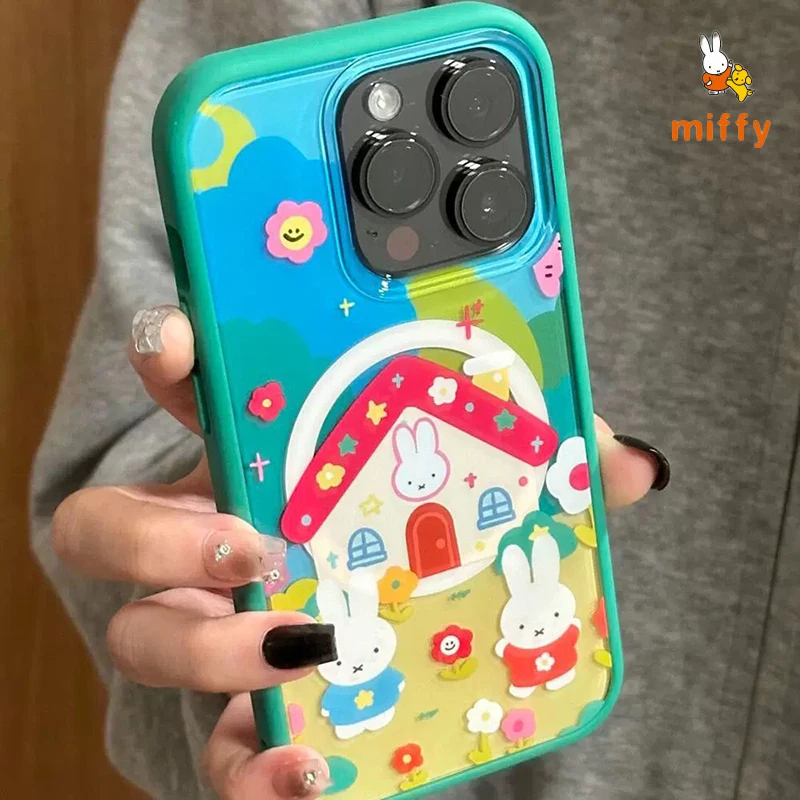 Kawaii Miffy Phone Shell Suitable for Iphone 16 15 14 13 Creative Little House Magnetic Stand Anti Drop Phone Case Anime Gifts