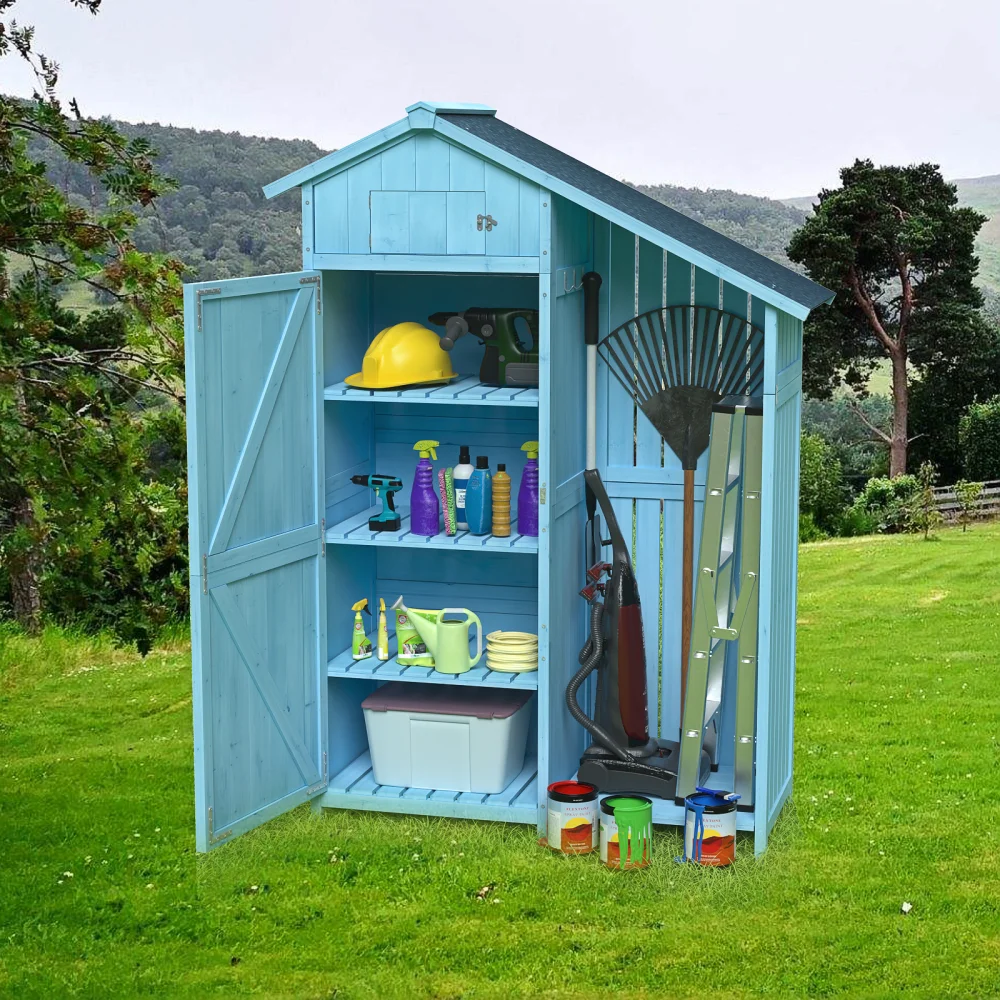 Outdoor Wood Storage Shed, Garden Tool Cabinet with Waterproof Asphalt Roof, Multiple-tier Shelves, Tiffany Blue Sheds Storage