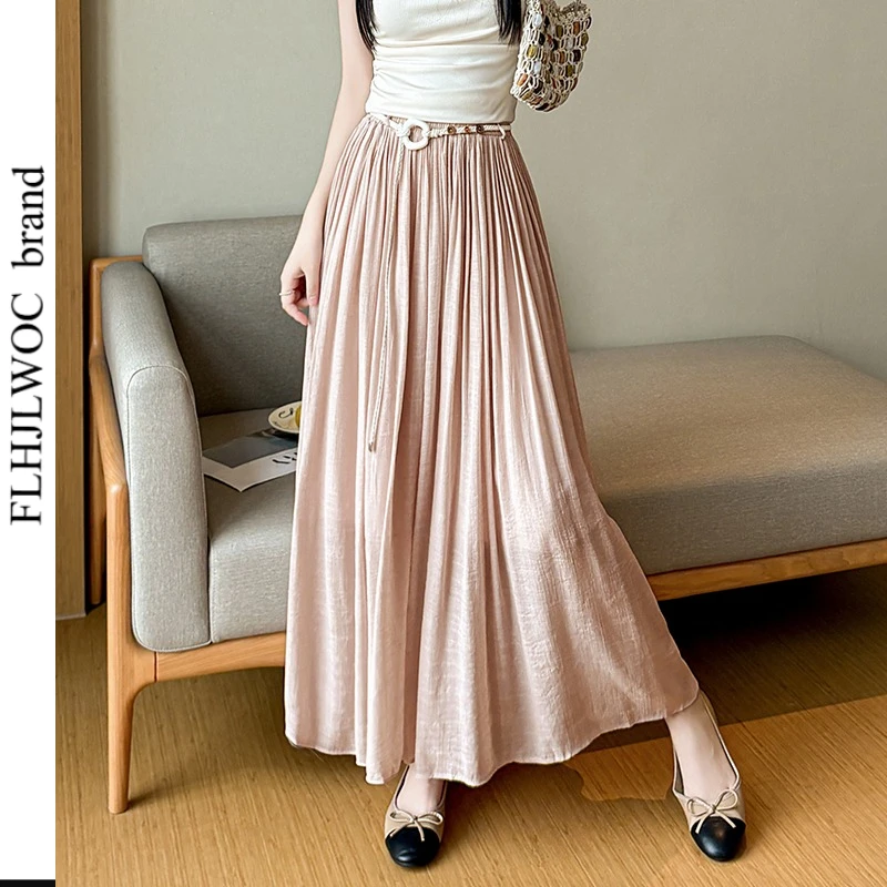 

Bohemian Style White Midi Skirt 2026 Summer Fashion Women's Solid Pink Casual Vacation Holiday Ruffle Belt Long Skirt