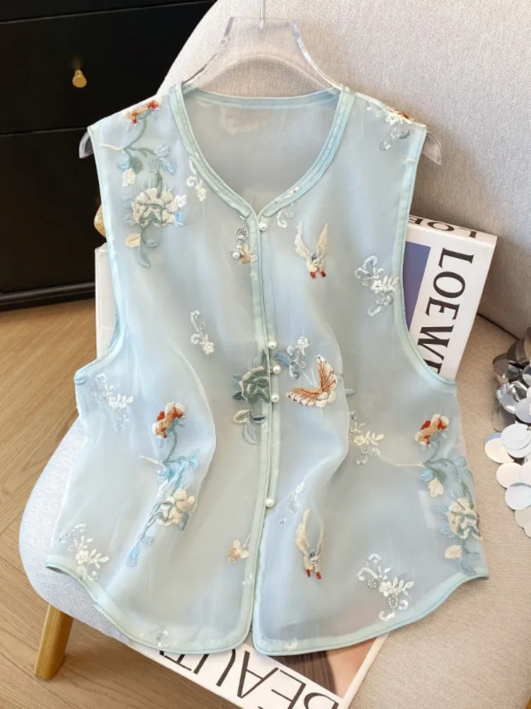 

Новый тонкий элегантный летний женский жилет с вышивкой в китайском стиле, топ Svel Ogees Me Jaet, круглый Ne на одной пуговице