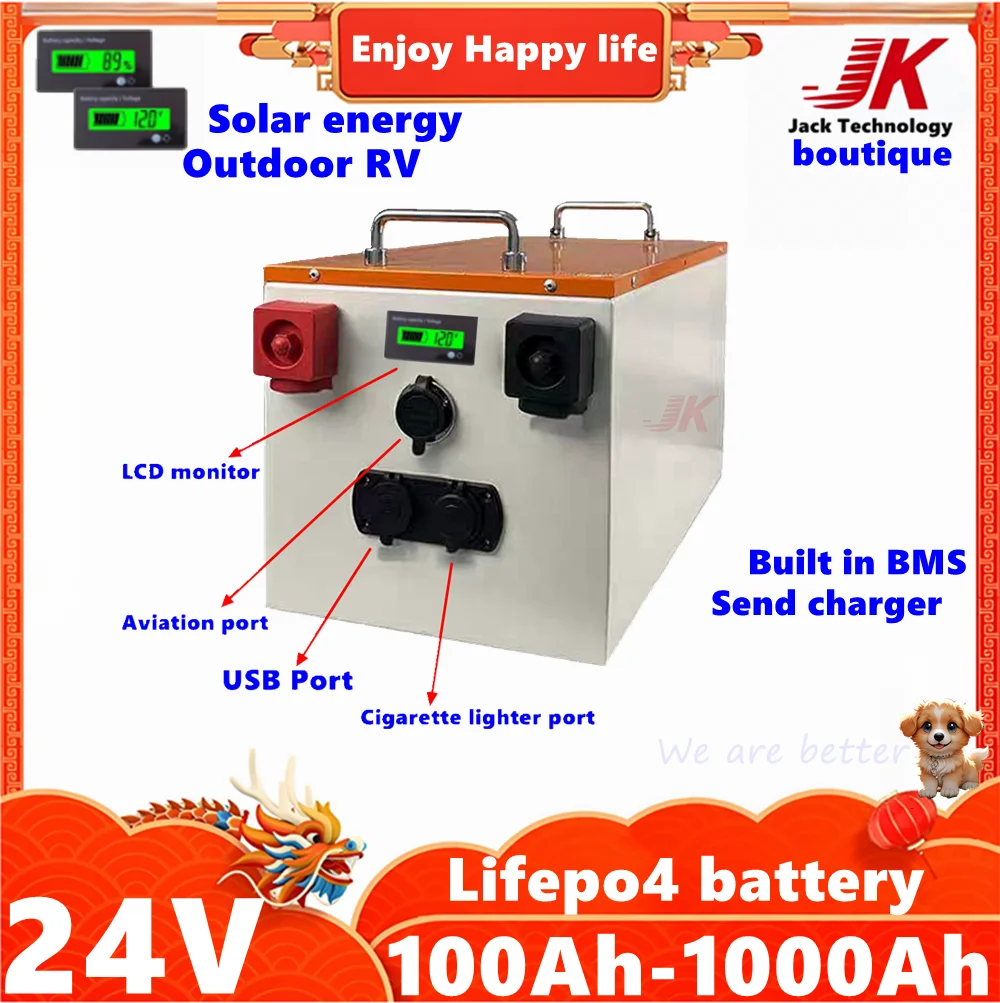 

JK 24V 100Ah Lifepo4 200Ah 300Ah 500Ah 600Ah 800Ah 1000Ah Lithium Battery for Inverter Solar System RV Outdoor Portable power