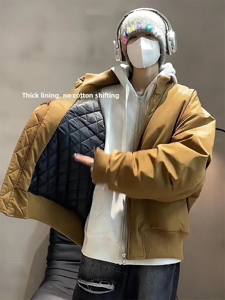 

Brown PU Leather Flight Jaet Cotton Bomber Coat Men's Winter ort Sle Baseball Game Outerwear Warm Long Sve Zipper